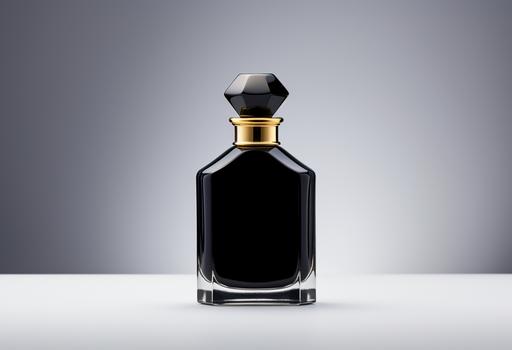 black perfume bottle with gold cap on a white background, in the style of noell oszvald, pure color, peter sculthorpe, jean auguste dominique ingres, shot on 70mm, 8k, bold coloration --ar 128:87