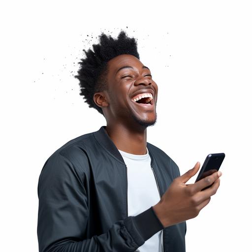 black person happy on phone wind blowing photo realistic, photo quality 4k, white background