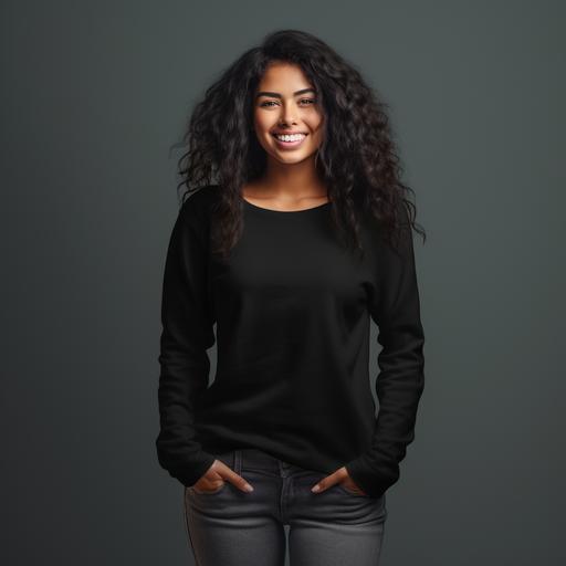 black plain long sleeve sweatshirt mockup black female melanini long hair smiling plain black with jesweatshirt and blurred back ground studio lighting