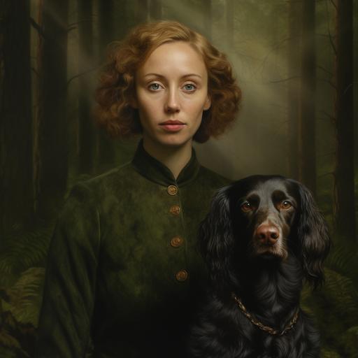 black polish hunting dog with white diamond on chest next to woman with dark blond curls and green-brown eyes in woods, dark-ish background