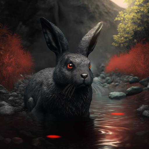 black rabit sitting inside on the river near the velly with red eyes