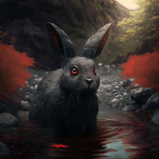 black rabit sitting inside on the river near the velly with red eyes