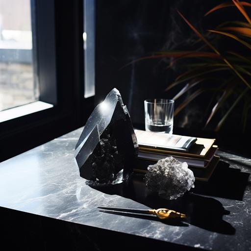 black rich color tones, with large clear quartz prism crystals and a white journal on luxe marble table top, glass reflecting in the sun, black color clay textured walls, minimal, hyperrealistic, house