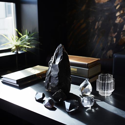 black rich color tones, with large clear quartz prism crystals and a white journal on luxe marble table top, glass reflecting in the sun, black color clay textured walls, minimal, hyperrealistic, house