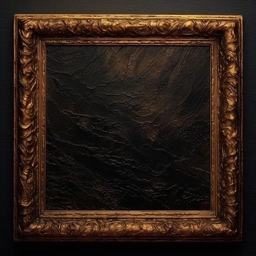 black textured oil paint on canvas, with wood frame painted in metallic gold around edge of image, high quality, in rembrandt style