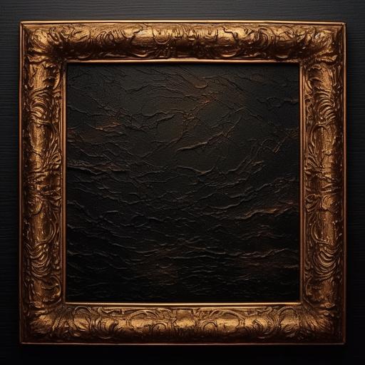 black textured oil paint on canvas, with wood frame painted in metallic gold around edge of image, high quality, in rembrandt style