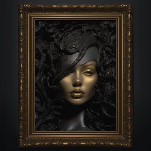 black textured oil paint on canvas, with wood frame painted in metallic gold around edge of image, high quality, in art deco style,--ar 16:9