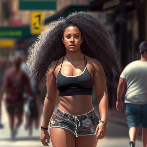 black thick women, long curly hair, tank to and shorts walking down the street, realistic