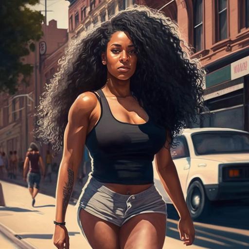 black thick women, long curly hair, tank to and shorts walking down the street, realistic