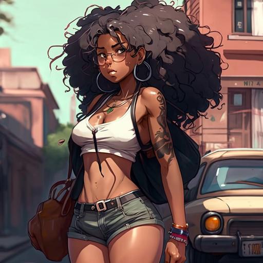 black thick women, long curly hair, tank to and shorts walking down the street, anime