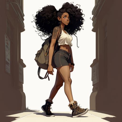 black thick women, long curly hair, tank to and shorts walking down the street, anime, white background