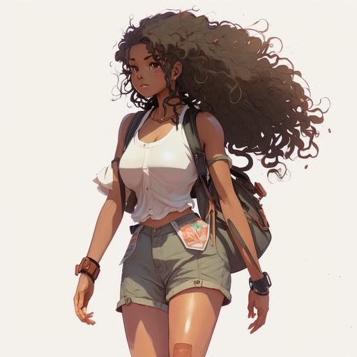 black thick women, long curly hair, tank to and shorts walking down the street, anime, white background