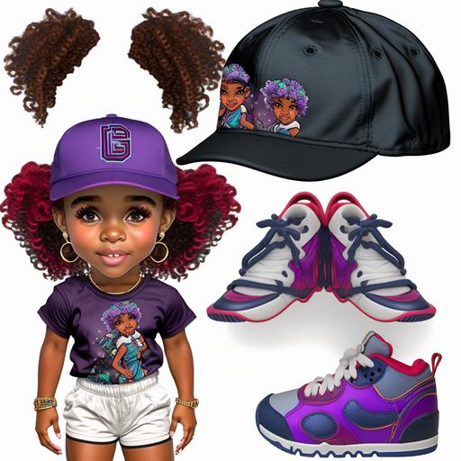 black toddler girl jordan 1 tennis shoes colorful curly hair purple baseball cap dimples smile basketball jogging suit bracelets