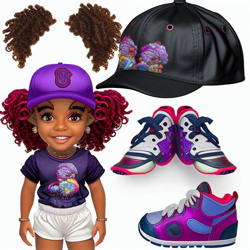 black toddler girl jordan 1 tennis shoes colorful curly hair purple baseball cap dimples smile basketball jogging suit bracelets