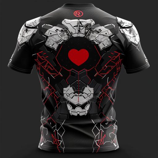 black tshirt with scifi armor design indclude white and red colors, squre qr code on the heart, round red logo at the back