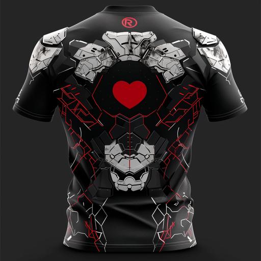 black tshirt with scifi armor design indclude white and red colors, squre qr code on the heart, round red logo at the back --v 6.0