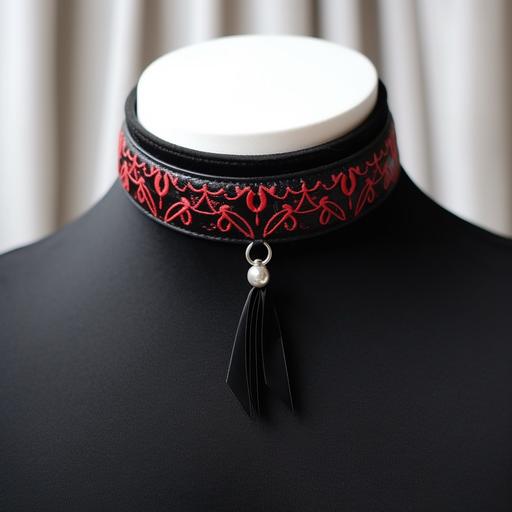 black velvet collar choker with hanger from clay, ukrainian style pattern, red black white, thin choker, rope, chic hanger , Chanel style, Armani, delicate, classic,