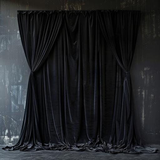 black wall with black velvet drapes light source coming from front --v 6.0