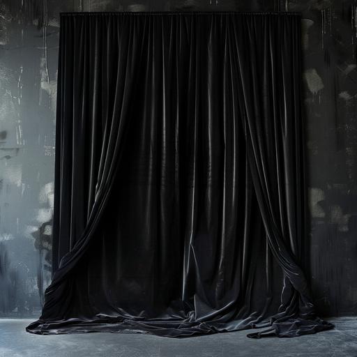 black wall with black velvet drapes light source coming from front --v 6.0
