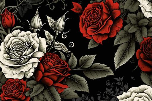 black white and red rose wallpaper pattern --ar 3:2