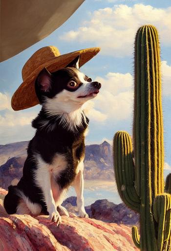 black white chihuahua in sombrero and poncho, squinting from the sun , head turned to the right, looking right, face in profile , cacti and mexico in the background, large brush strokes, brush strokes, light tones of oil paint, impressionist painting --ar 2:3 --test --creative