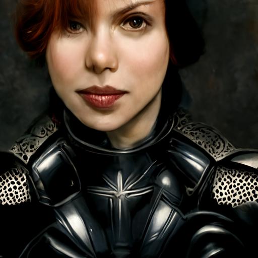 black widow, Natasha Romanof, close-up, knight, in black armor, in the Middle Ages, armor with patterns, dark background, realistic photo, shades of black