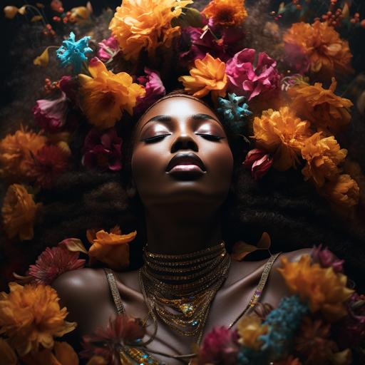 black woman, braids, photography, artistic, covered in flowers, portrait, gorgeous, creative photography, looking up