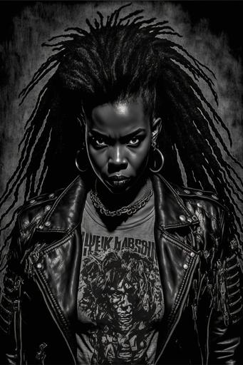 black woman, speed metal crustpunk frontwoman, leather, bullet belts, studs, nwobhm, promo picture --ar 2:3