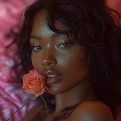 black woman wearing a lace front, lighter complexion laying on a pink bed with a rose in her mouth for valentines day --v 6.0 --s 750
