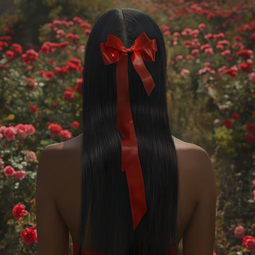black woman with long black hair standing in a field of roses. her back is facing the camera and she has a large red ribbon in her hair. photorealistic, soft daylight lighting. --v 6.0