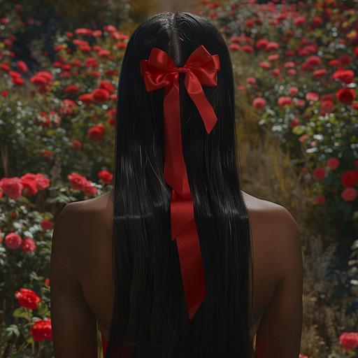 black woman with long black hair standing in a field of roses. her back is facing the camera and she has a large red ribbon in her hair. photorealistic, soft daylight lighting.