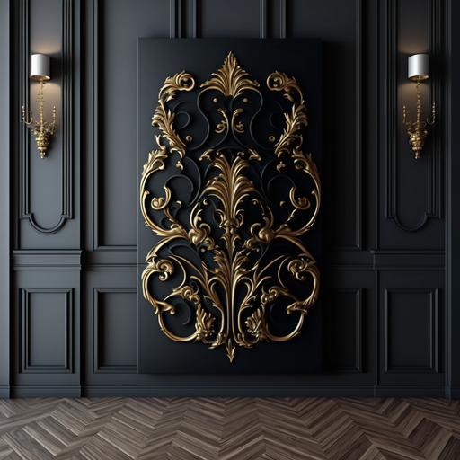 black wood wall textured panel with brass baroque style scrolls--s750-uplight--44