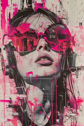 black/white/pink abstract painting of woman with paint splashes, in the style of distorted layered and complex compositions, fragmented images, hyper-realistic pop, light black and magenta, tristan eaton, andrzej sykut, sheet film, derek gores,full-body , audio-visual installations hdr  --ar 2:3 --style raw --stylize 250