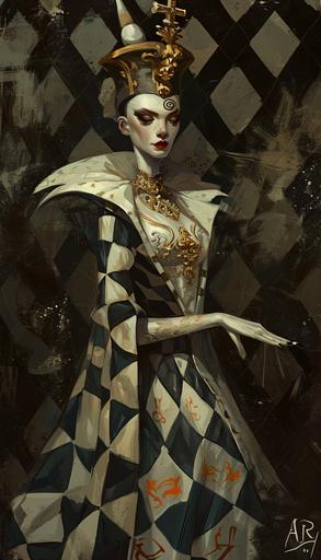 blake armstrong art , James Jean art, Yael Maimon art,. Chess cell style Fashion::2 mime puppet theater girl jester, striped robe, two-horned cap, rough oil, black background:: thick line cell shader::0.2 --ar 4:7 --v 6.0