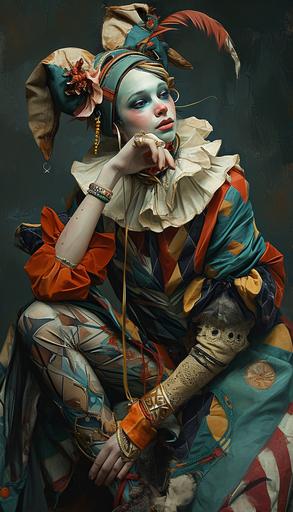 blake armstrong art , James Jean art, Yael Maimon art,. Chess cell style Fashion::2 mime puppet theater girl jester, striped robe, two-horned cap, rough oil, black background:: thick line cell shader::0.2 --ar 4:7 --v 6.0
