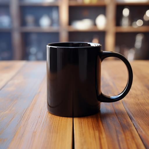 blank 11 ounce black glossy coffee mug sitting on a wooden office table