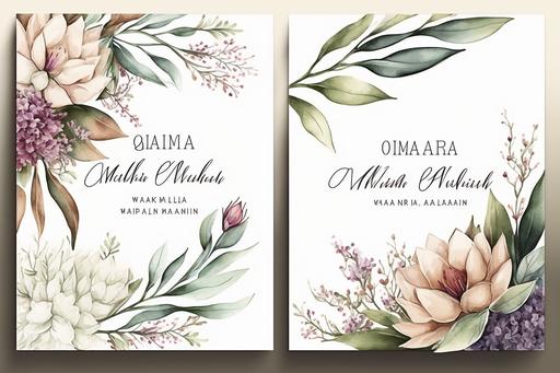 blank Two Wedding Invitation Cards with Watercolor Flowers, --no text --ar 3:2