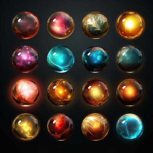 blank background, 16:4 ratio, 10 different magic, glowing , orbs, metal gold casing effects, fantasy style