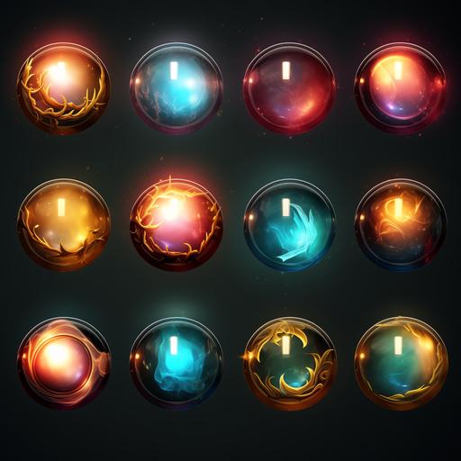 blank background, 16:4 ratio, 10 different magic, glowing , orbs, metal gold casing effects, fantasy style