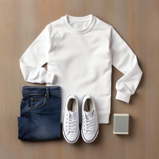 blank gildan sweatshirt folded mockup, shoes and jeans in picture as matching outfit, neautral tones, kid friendly, realistic, photography