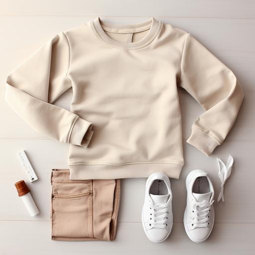 blank gildan sweatshirt folded mockup, shoes and jeans in picture as matching outfit, neautral tones, kid friendly, realistic, photography