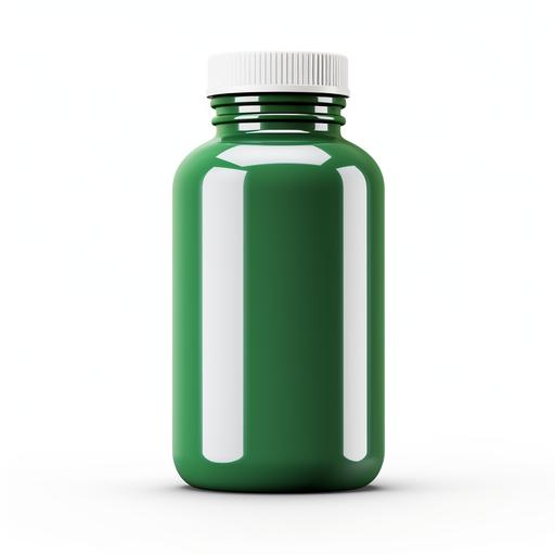 blank glossy green pill bottle, ribbed white lid white background