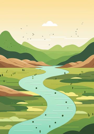 blank template for infographic, vector art, desert landscape, template for infographic, abstract, minimal, river flowing from green mountains ending in a swamp --ar 297:420