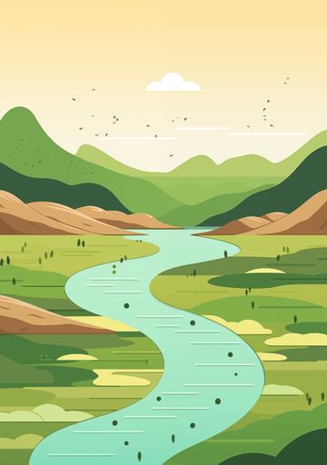 blank template for infographic, vector art, desert landscape, template for infographic, abstract, minimal, river flowing from green mountains ending in a swamp --ar 297:420