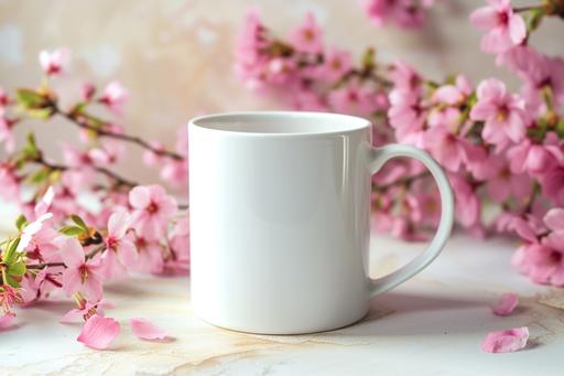 blank white mug with pink cherry blossom flowers in the background and copy space --ar 3:2 --v 6.0