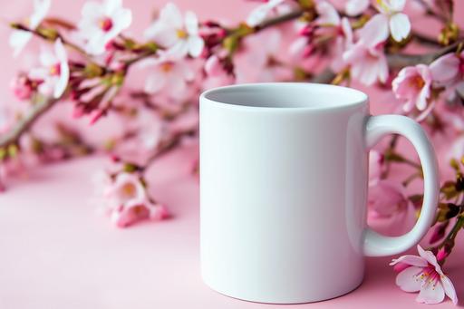 blank white mug with pink cherry blossom flowers in the background and copy space --ar 3:2 --v 6.0