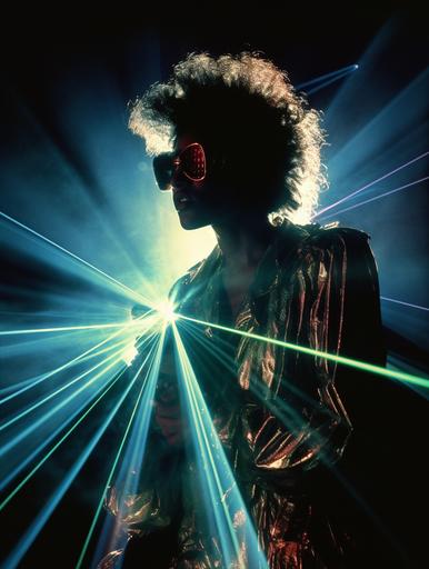 blazewave singer in 1990s, on stage, pop music, lasers, lasers converging on singer, art movement poster, chiaroscuro --ar 3:4 --q 2 --v 5
