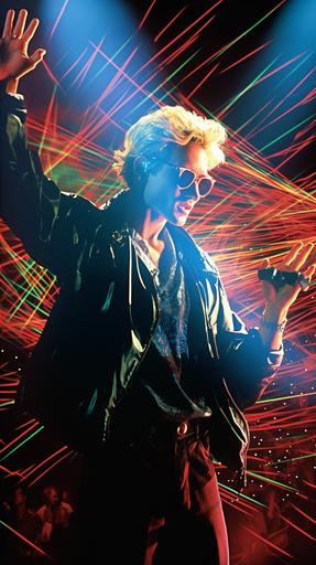 blazewave singer in 1990s, on stage, pop music, lasers, art movement poster --ar 9:16 --q 2 --v 5