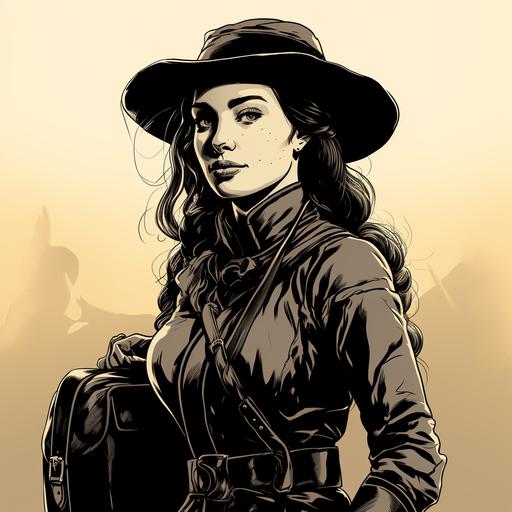 blend of Amar CHitra Katha style comic book art and lineart in noir style. an attractive bootlegger woman half irish half moroccan in her late 20s. she is a mysterious sidekick who dresses in a vintage antiquarian style and always wears boots. carrying a mysterious bag. ancient sacred mounds in the background
