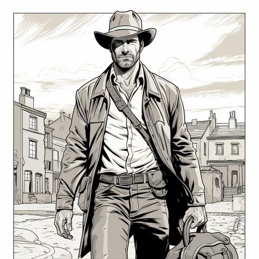 blend of Amar Chitra Katha style comic book and lineart noir style. a full body portrait of an attractive male irish-american bootlegger in his early 30s. carries a mysterious bag and always wears boots. alwys wears a cowby rancher hat. sacred ancient mounds in the background